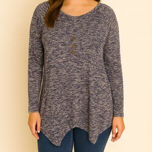 Lee Blue & White Heather Knit Raglan Sleeve Tunic Top Sharkbite Hem L